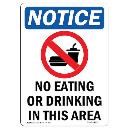 Signmission OSHA Notice, 7" Height, No Eating Or Drinking Sign With Symbol, 7" X 5", Portrait OS-NS-D-57-V-14500
